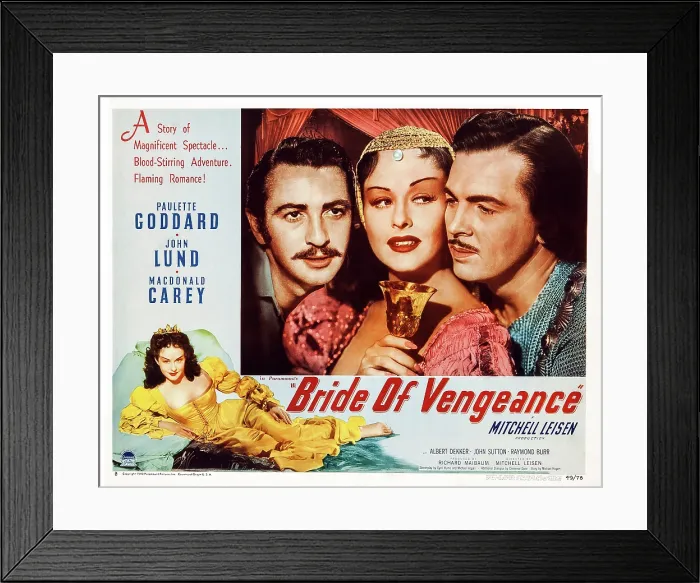 Framed Print : BRIDE OF VENGEANCE, US poster art, top from left: Macdonald Carey, Paulette Goddard, John Lund; bottom: Paulette Goddard 1949