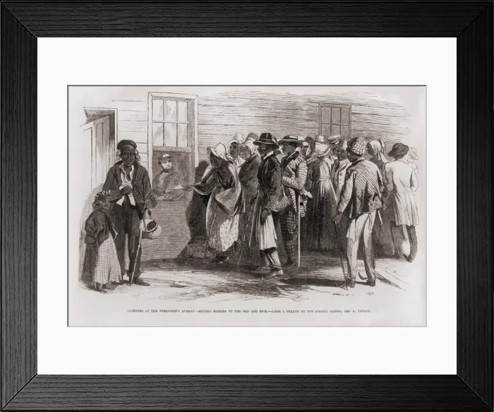 Framed Print : African American woman presents a slip of paper to a man seated behind a window to receive rations available to the old and infirm Framed Print : African American woman presents a slip of paper to a man seated behind a window to receive rations available to the old and infirm