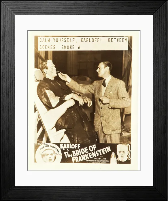 Framed Print : BRIDE OF FRANKENSTEIN, TOP l-r: Boris Karloff, Colin Clive on set for promotional shot, bottom l-r: Elsa Lanchester, Valerie Hobson, Boris Karloff, 1935