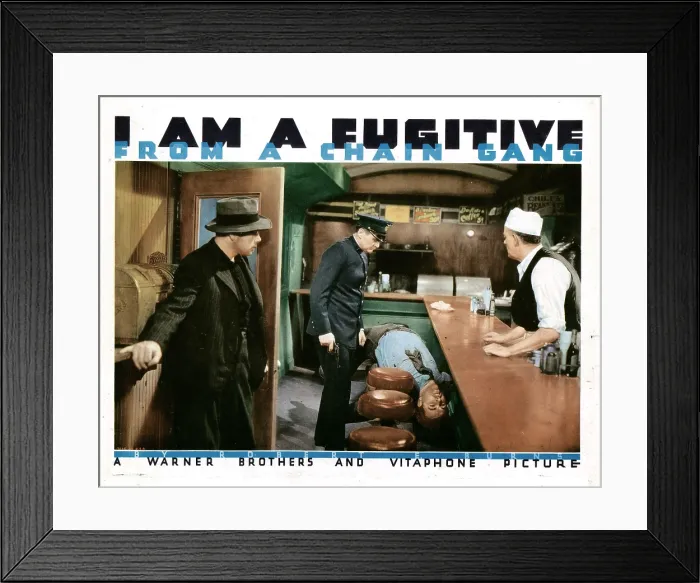 Framed Print : I AM A FUGITIVE FROM A CHAIN GANG, lobbycard, from left: Paul Muni, J. Frank Glendon, Preston Foster, Lew Kelly, 1932 Framed Print : I AM A FUGITIVE FROM A CHAIN GANG, lobbycard, from left: Paul Muni, J. Frank Glendon, Preston Foster, Lew Kelly, 1932