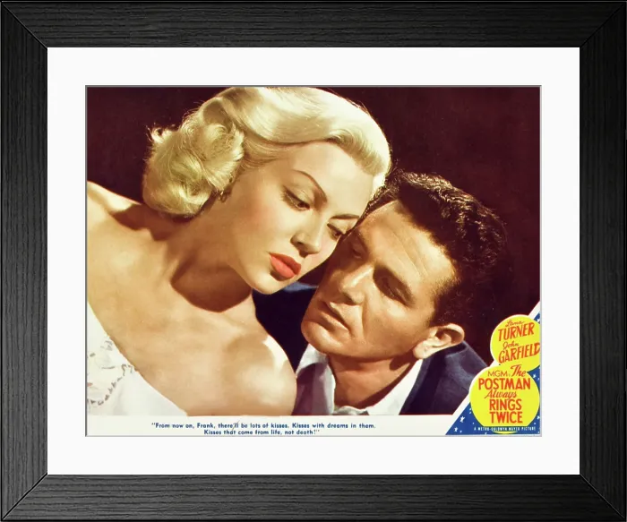 Framed Print : THE POSTMAN ALWAYS RINGS TWICE, l-r: Lana Turner, John Garfield on lobbycard, 1945 Framed Print : THE POSTMAN ALWAYS RINGS TWICE, l-r: Lana Turner, John Garfield on lobbycard, 1945