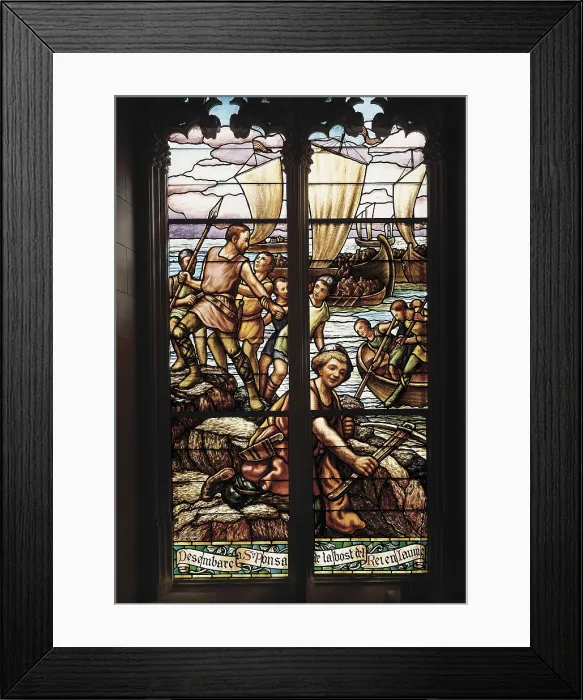 Framed Print : Crown of Aragon (13th c.). James I. Conquest of Majorca (1229). Jaume I's soldiers landind in Santa Ponsa. Multicoloured stained glass