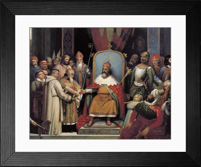 Framed Print : LAURE, Jean Franois Hyacinthe Jules (1806-1861). Alcuin presenting himself before Charlemagne. 1837. Central detail. Copy of a Victor Schnetz's work conservated at the Louvre Framed Print : LAURE, Jean Franois Hyacinthe Jules (1806-1861). Alcuin presenting himself before Charlemagne. 1837. Central detail. Copy of a Victor Schnetz's work conservated at the Louvre