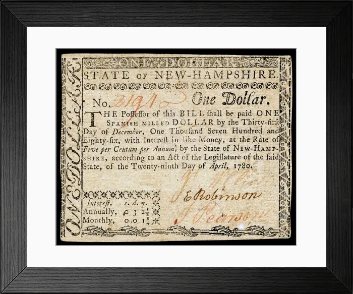 Framed Print : $1 Colonial currency from the former State of New Hampshire. The bill will increase in value by accruing interest over time