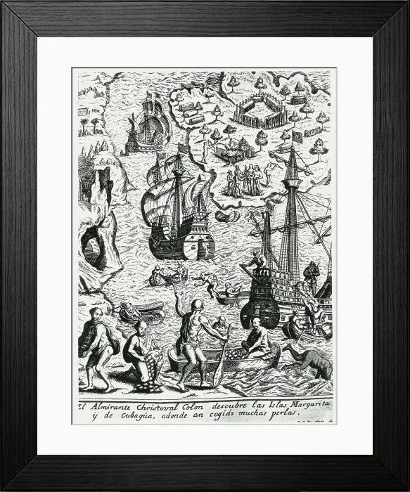 Framed Print : The admiral Christopher Columbus discovers the Margarita and Cubaga islands Framed Print : The admiral Christopher Columbus discovers the Margarita and Cubaga islands