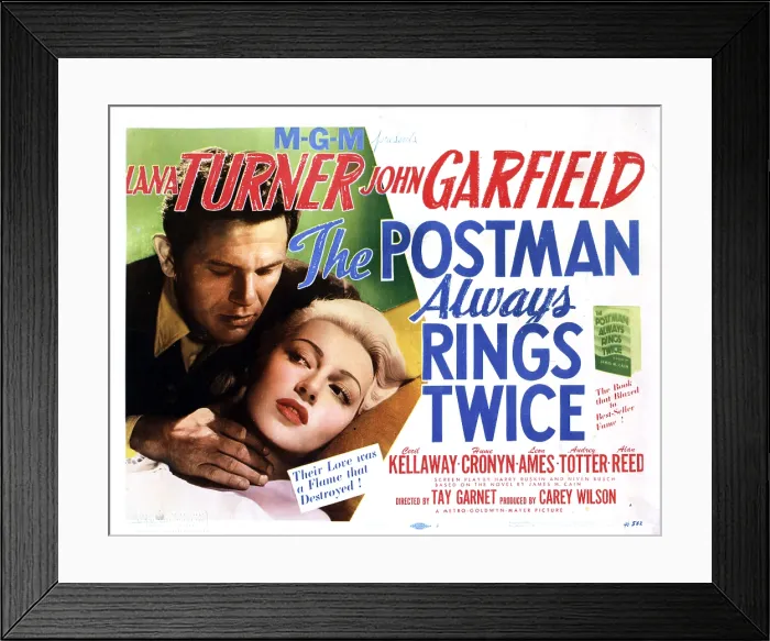 Framed Print : THE POSTMAN ALWAYS RINGS TWICE, Lana Turner, John Garfield, 1946, poster art Framed Print : THE POSTMAN ALWAYS RINGS TWICE, Lana Turner, John Garfield, 1946, poster art
