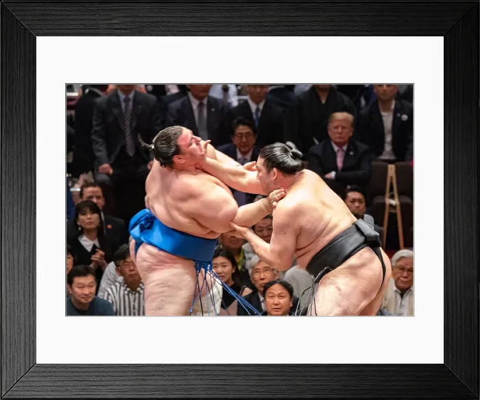 Framed Print : President Donald Trump, and Japan Prime Minister Shinzo Abe, watch the Sumo Grand Championship, at the Ryogoku Kokugikan Stadium in Tokyo. May 27, 2019 (BSLOC_2019_5_167)