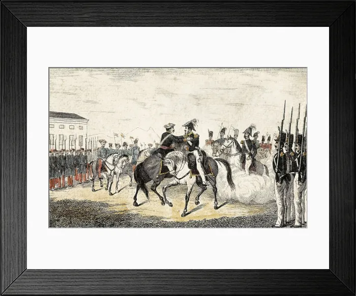 Framed Print : Spain. First Carlist War. Embrace in Vergara (1839) between Maroto (Carlist, left) and Espartero (Liberal). Etching. SPAIN. Donostia. Military Historical Museum