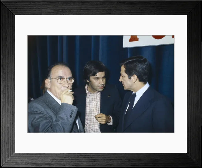 Framed Print : Spain (1978). Transition to democracy. Meeting between Santiago Carrillo, PCE First Secretary (left); Felipe Gonzlez, PSOE First Secretary (middle) and Adolfo Surez, Prime Minister