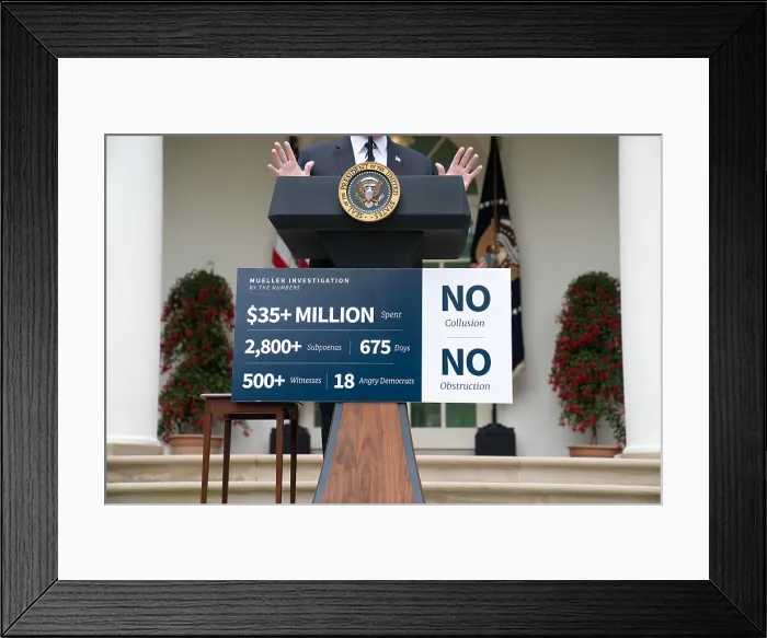 Framed Print : Sign on the podium attacking the report of Robert Muller, with Trump's standard defensive phrases, No Collusion, No Obstruction Framed Print : Sign on the podium attacking the report of Robert Muller, with Trump's standard defensive phrases, No Collusion, No Obstruction