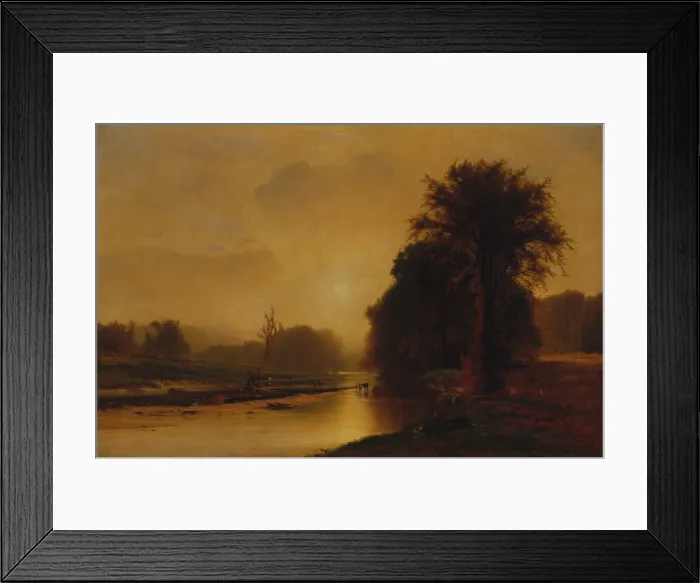 Framed Print : AUTUMN MEADOWS, by George Inness, 1869, American painting, oil on canvas. This is a tonalist landscape has diffuse yellow-orange solar light dominating the color over the canvas