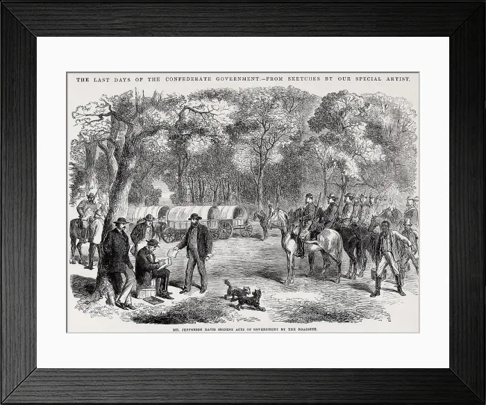 Framed Print : The last days of the Confederate government, May 5-6, 1865. Jefferson Davis signs an act of government at the roadside