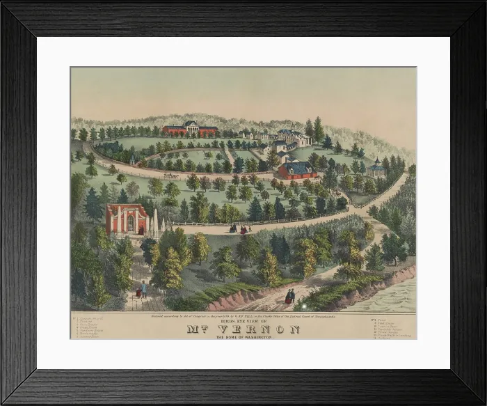 Framed Print : Birds eye view of Mt. Vernon, the home of George Washington, as it was in 1859. The plantation house is in upper right, and tomb is at lower left Framed Print : Birds eye view of Mt. Vernon, the home of George Washington, as it was in 1859. The plantation house is in upper right, and tomb is at lower left