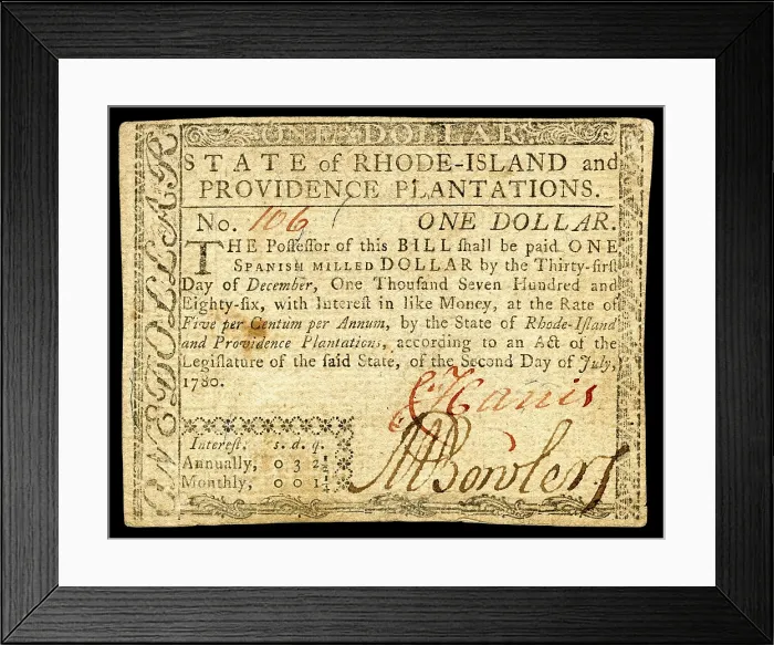 Framed Print : $1 Colonial currency from the State of Rhode Island. The bill will increase in value by accruing interest over time Framed Print : $1 Colonial currency from the State of Rhode Island. The bill will increase in value by accruing interest over time