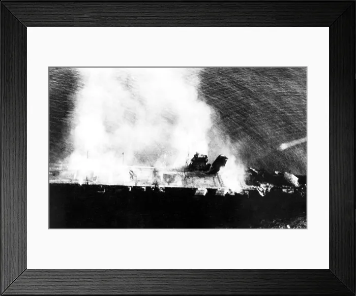 Framed Print : Battle of Midway, June 3-7, 1942. Japanese aircraft carrier Hiryu (Flying Dragon), abandoned and burning after attacks by dive bombers from USS Yorktown and Enterprise