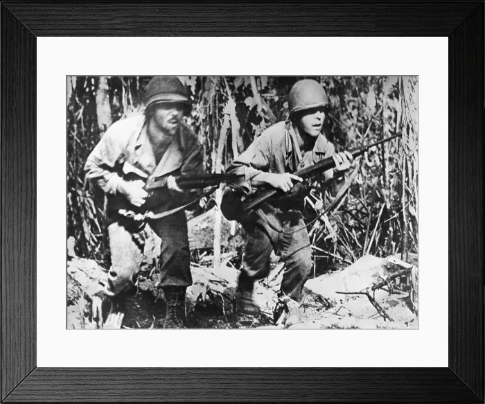 Framed Print : Two U.S. soldiers, on Bougainville, during Japanese attack in March 1944. The strain shows on their faces as they advance into thickets where Japanese snipers are active Framed Print : Two U.S. soldiers, on Bougainville, during Japanese attack in March 1944. The strain shows on their faces as they advance into thickets where Japanese snipers are active
