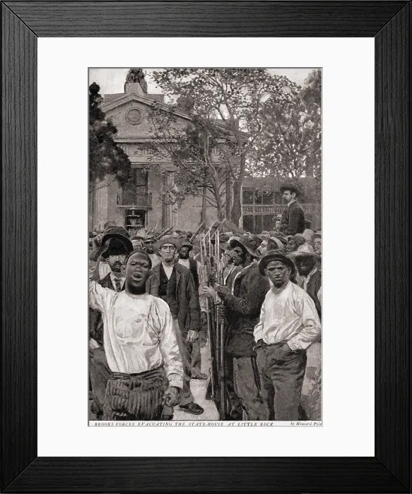 Framed Print : Baxter-Brooks War of Arkansas, 1872-74. Brooks forces evacuating the States House at Little Rock