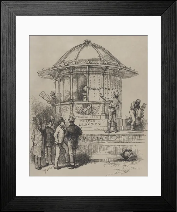 Framed Print : Thomas Nast 1880 political cartoon shows the Temple of Liberty boarded up by Southern states who urge on the Northern Democrats, represented by New York's Tammany Hall
