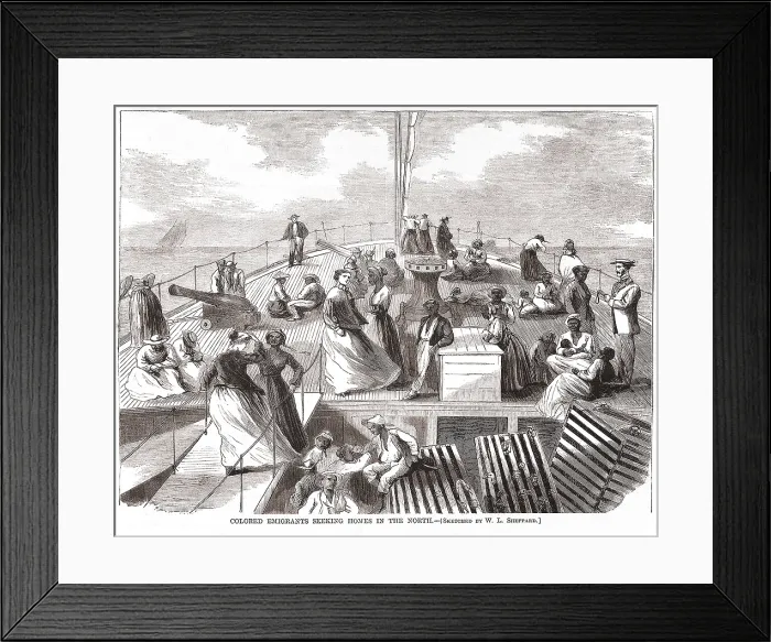 Framed Print : Emancipated African Americans on a ship to the Northern region of the US, where they will seek a better life away from the racist former Confederate states Framed Print : Emancipated African Americans on a ship to the Northern region of the US, where they will seek a better life away from the racist former Confederate states