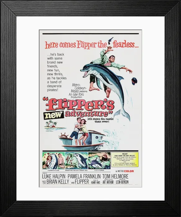 Framed Print : FLIPPER'S NEW ADVENTURE, (aka FLIPPER AND THE PIRATES), Flipper on poster art, 1964