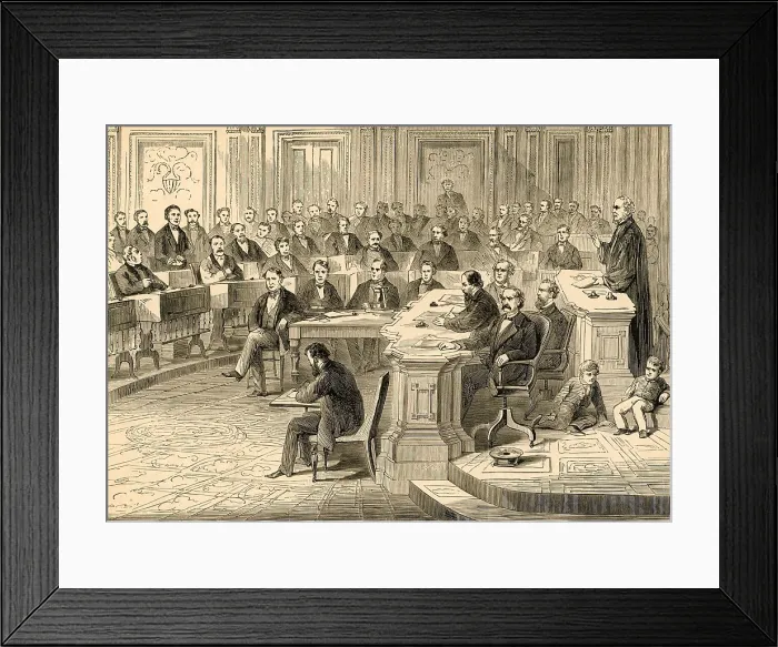 Framed Print : Andrew Johnson's Impeachment Trial in the United States Senate. View of the Chief Justice Salmon Chase standing in judicial robes on the Senate rostrum