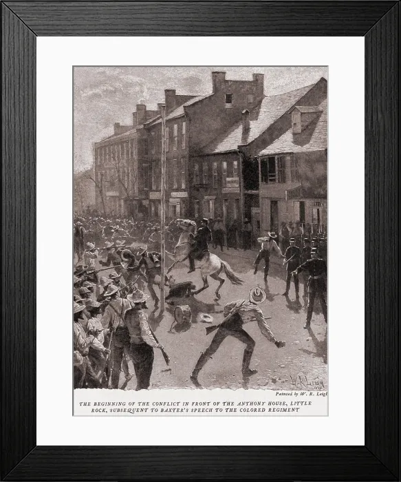 Framed Print : Baxter-Brooks War of Arkansas, 1872-74. The beginning of the conflict took place in front of Anthony House, Little Rock