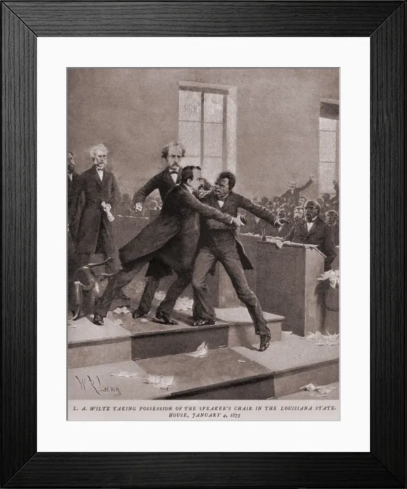 Framed Print : L.A. Wiltz, Democrat, forcibly taking possession of the Speaker's Chair in the Louisiana State House, Jan. 4, 1875
