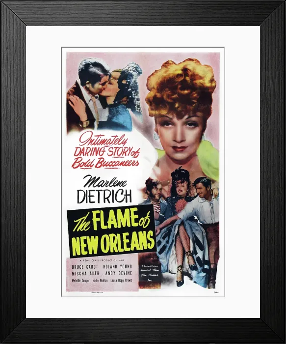 Framed Print : THE FLAME OF NEW ORELANS, US poster art, bottom from left: Andy Devine, Marlene Dietrich, Bruce Cabot, 1941
