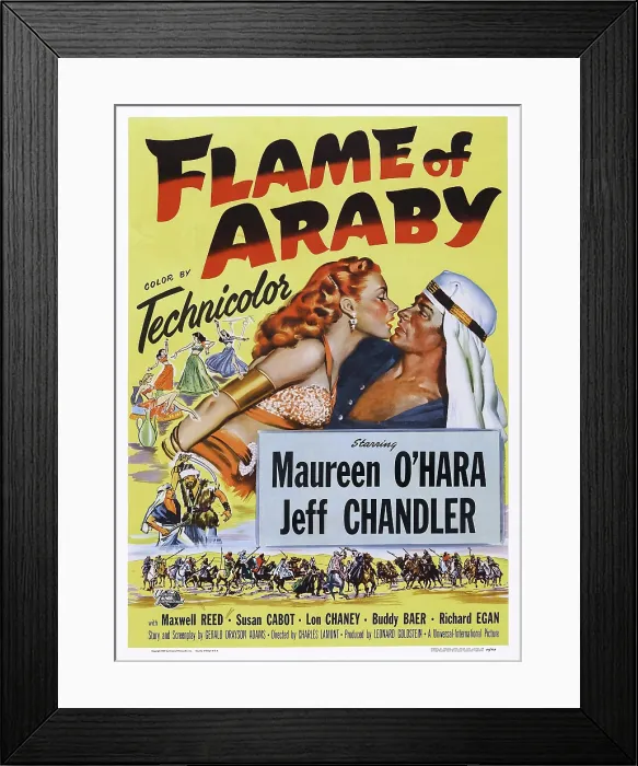 Framed Print : FLAME OF ARABY, US poster art, from left: Maureen O'Hara, Jeff Chandler, 1951