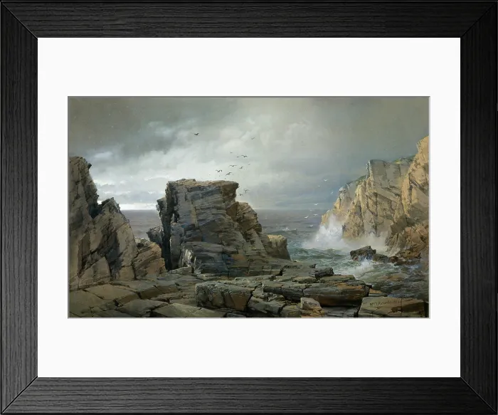 Framed Print : THE ROCKY COAST, by William Trost Richards, 1877, American watercolor painting. This work is painted with the artist's meticulous factual rendering