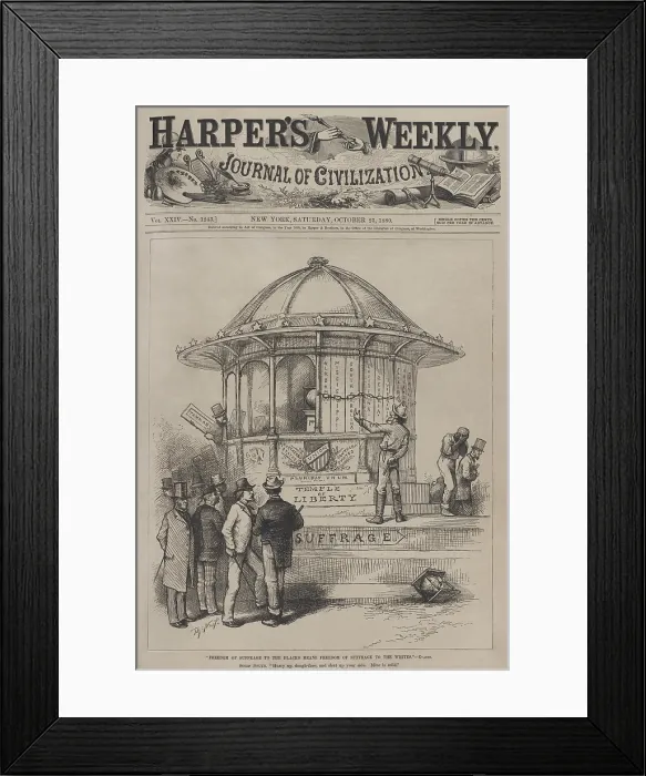 Framed Print : Thomas Nast 1880 political cartoon shows the Temple of Liberty boarded up by Southern states who urge on the Northern Democrats, represented by New York's Tammany Hall