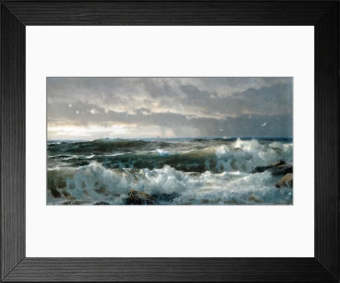 Framed Print : SURF ON ROCKS, by William Trost Richards, 1890-99, American oil painting. The artist lived and worked in Jamestown, Rhode Island, from 1881 until his death in 1905