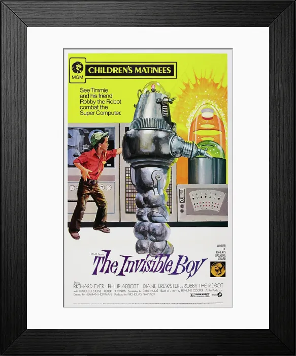 Framed Print : THE INVISIBLE BOY, US poster art, from left: Richard Eyer, Robby the Robot, 1957
