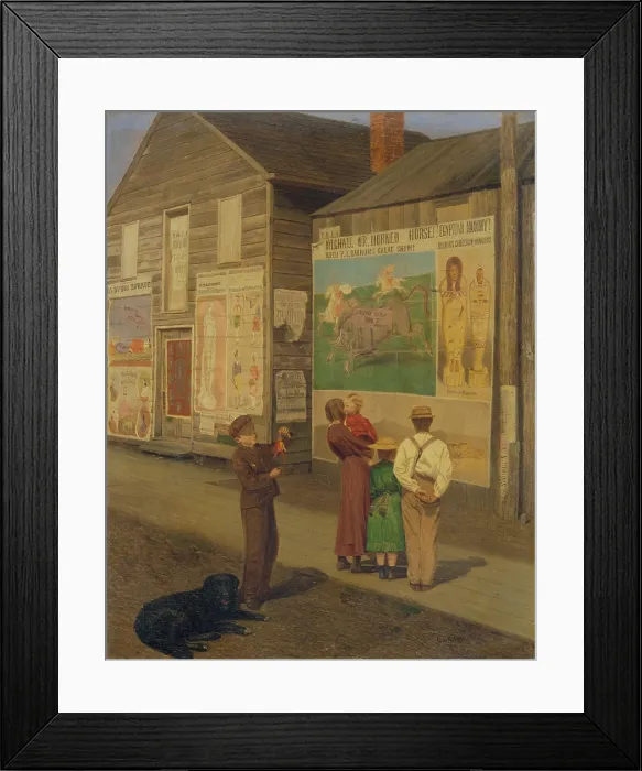 Framed Print : COMING EVENTS CAST THEIR SHADOW BEFORE, by Charles Caleb Ward, 1871, Canadian painting, oil on wood. Several posters announce the coming of P. T