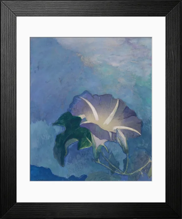 Framed Print : NOCTURNE, by John La Farge, 1885, American watercolor painting. The simple painting of a morning glory is painted in blue and green with violet