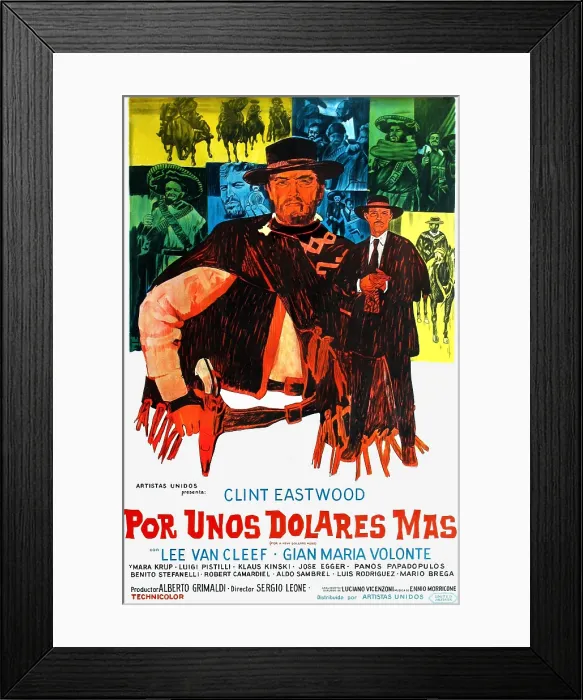 Framed Print : FOR A FEW DOLLARS MORE, (aka PER QUALCHE DOLLARO EN PIU, aka POR UNOS DOLARES MAS), foreground l-r: Clint Eastwood, Lee Van Cleef on Argentinian poster art, 1965