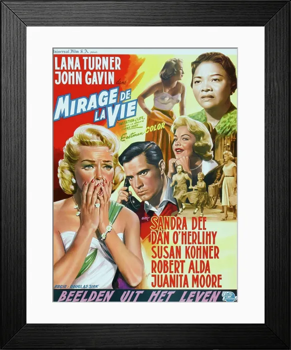 Framed Print : IMITATION OF LIFE, (aka MIRAGE DE LA VIE), l-r: Lana Turner, John Gavin, Sandra Dee, Juanita Moore on Belgian poster art, 1959