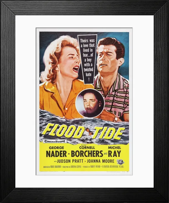 Framed Print : FLOOD TIDE, l-r: Cornell Borchers, Michel Ray, George Nader on poster art, 1958 Framed Print : FLOOD TIDE, l-r: Cornell Borchers, Michel Ray, George Nader on poster art, 1958