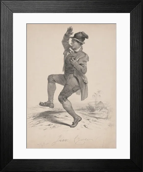 Framed Print : Daddy Rice wearing the costume of his character Jim Crow, dancing with a little skip in his step. Thomas D