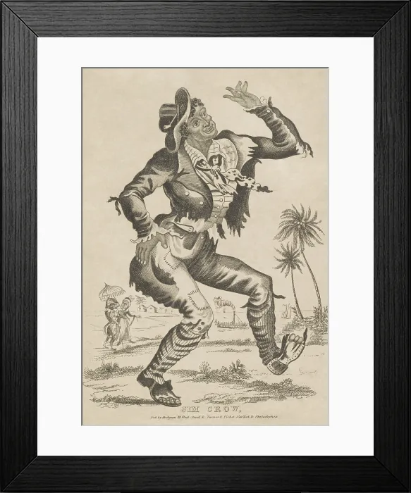 Framed Print : African American identified as Jim Crow, the dancing character of Thomas D. Rice. He wears tattered clothes, is doing a dancing walk