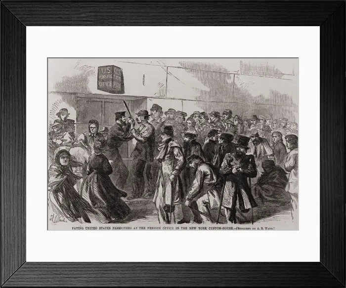 Framed Print : United States pensioners in line at the Pension Office in the New York Custom-House, 1866