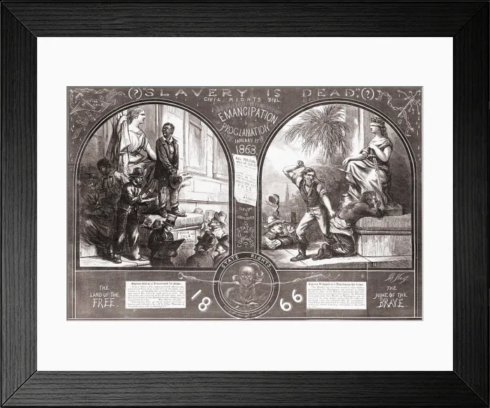 Framed Print : Illustration at left shows a slave being sold for stealing during the US Civil War. At right, after the war, a freedman is whipped as punishment for crime in 1866