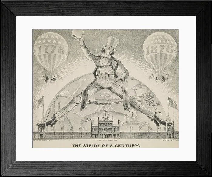 Framed Print : THE STRIDE OF A CENTURY, a cartoon celebrates the centennial of the United States, in 1876 Framed Print : THE STRIDE OF A CENTURY, a cartoon celebrates the centennial of the United States, in 1876