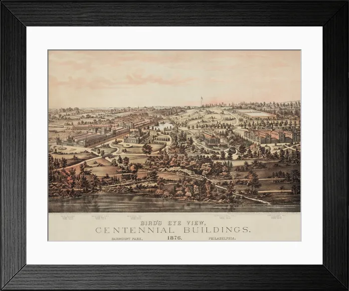 Framed Print : United States Centennial Exhibition 1876. Bird's eye view of the fairgrounds at Fairmont Park, Philadelphia Framed Print : United States Centennial Exhibition 1876. Bird's eye view of the fairgrounds at Fairmont Park, Philadelphia