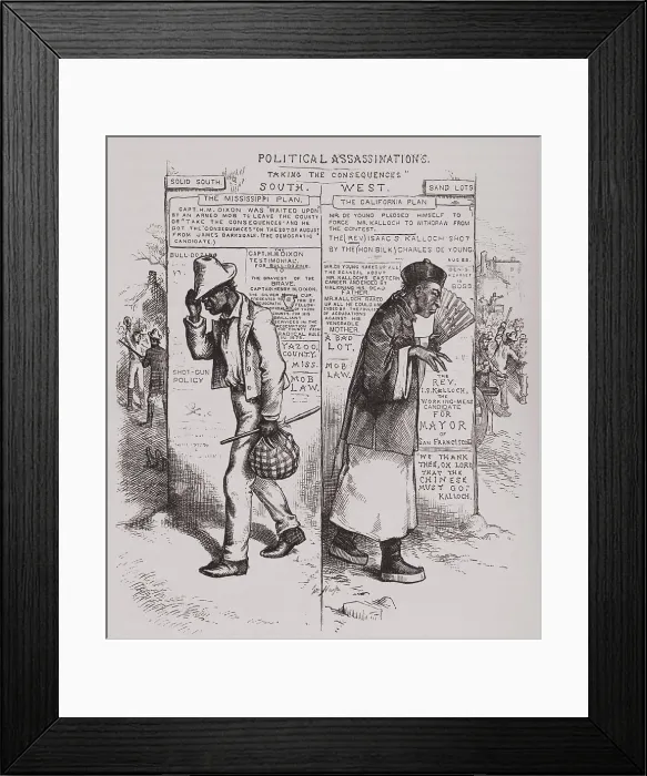 Framed Print : Cartoon from Harper's weekly, showing the parallel oppression of African Americans and Chinese in America, c. 1880 (BSLOC_2019_6_35) Framed Print : Cartoon from Harper's weekly, showing the parallel oppression of African Americans and Chinese in America, c. 1880 (BSLOC_2019_6_35)