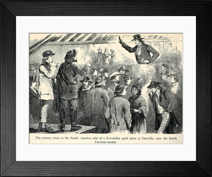 Framed Print : The auction of a five dollar gold piece at Danville, near the North Carolina border 1860s