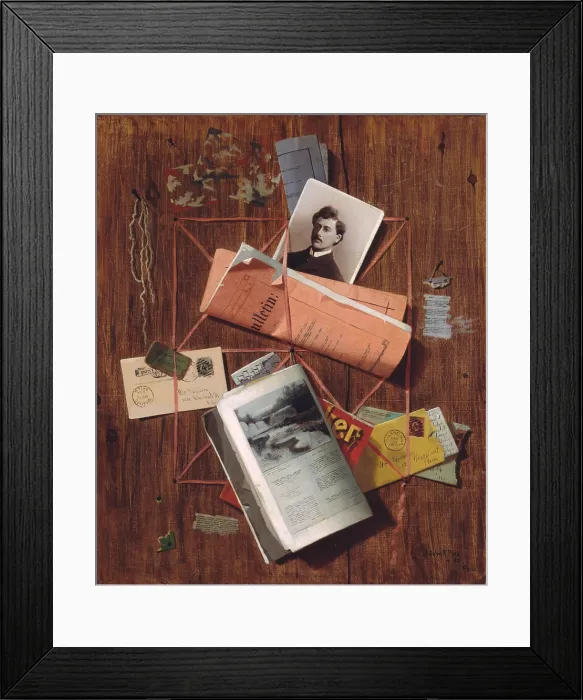 Framed Print : OFFICE BOARD, by John F. Peto, 1885, American painting, oil on canvas. Trompe l'oeil (fool the eye) still life. This may be a symbolic portrait of Dr