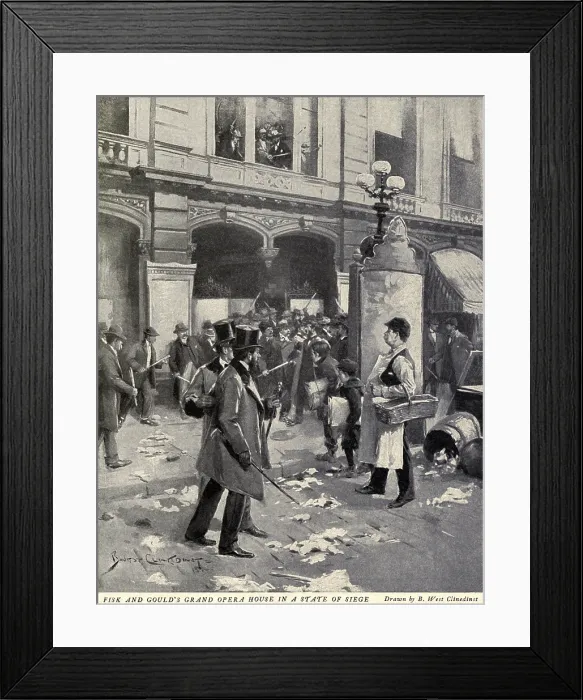 Framed Print : Jay Gould and Jim Fisk are besieged in their office by stick carrying victims of their gold price manipulation
