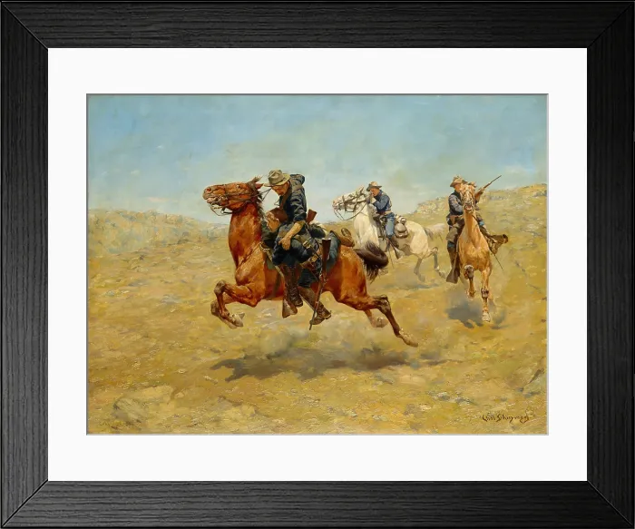 Framed Print : MY BUNKY, by Charles Schreyvogel, 1899, American painting, oil on canvas. In skirmish with unseen Indians, a soldier heroically rescues a bunkmate who lost his house