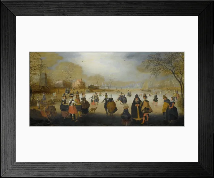 Framed Print : Winter Landscape with Skaters, by Hendrick Avercamp, 1615-20, Dutch painting, oil on panel. In the foreground are men and women in luxurious clothing and jewelry